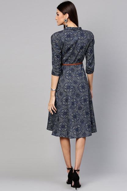 Women's Indigo Geo Print Belted Shirt Dress