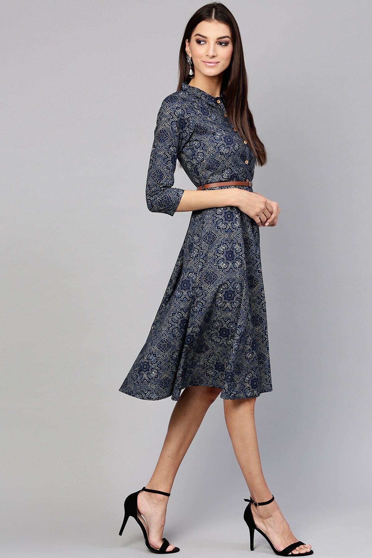 Women's Indigo Geo Print Belted Shirt Dress