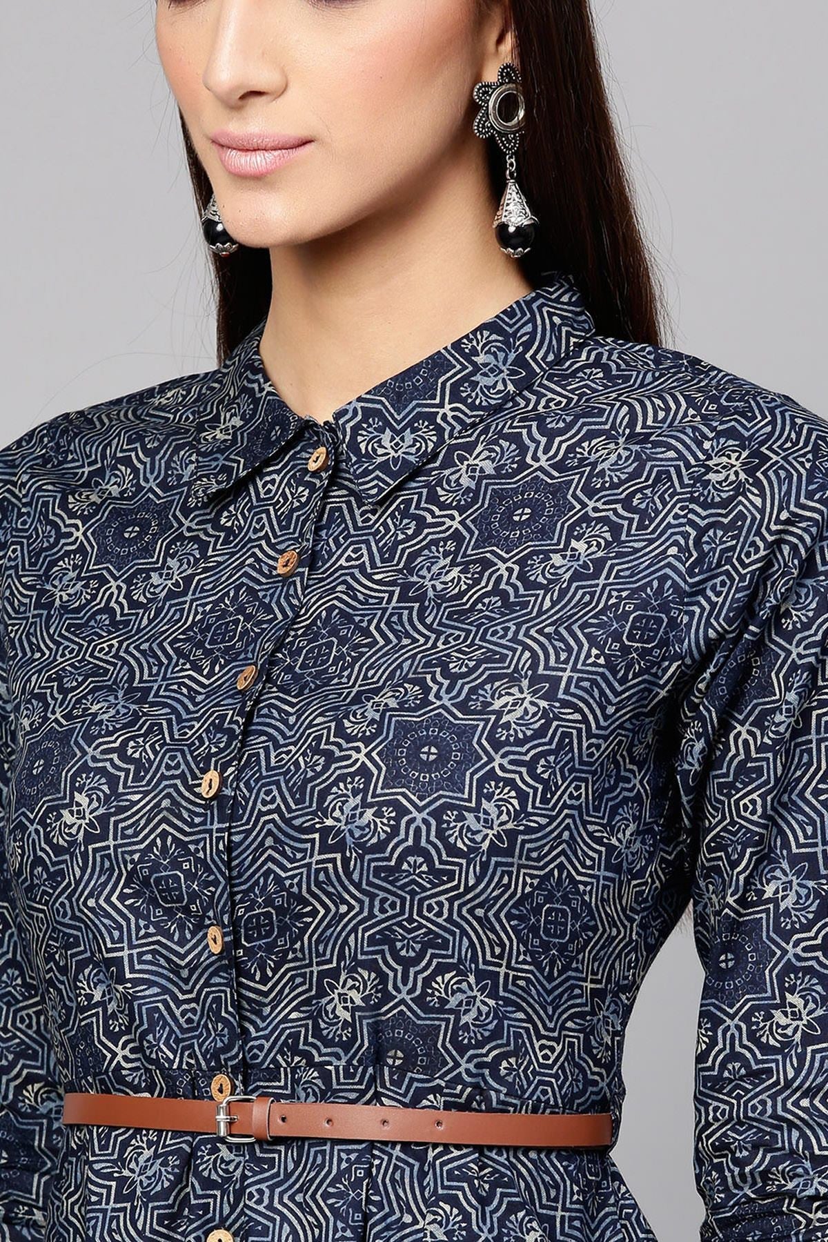 Women's Indigo Geo Print Belted Shirt Dress