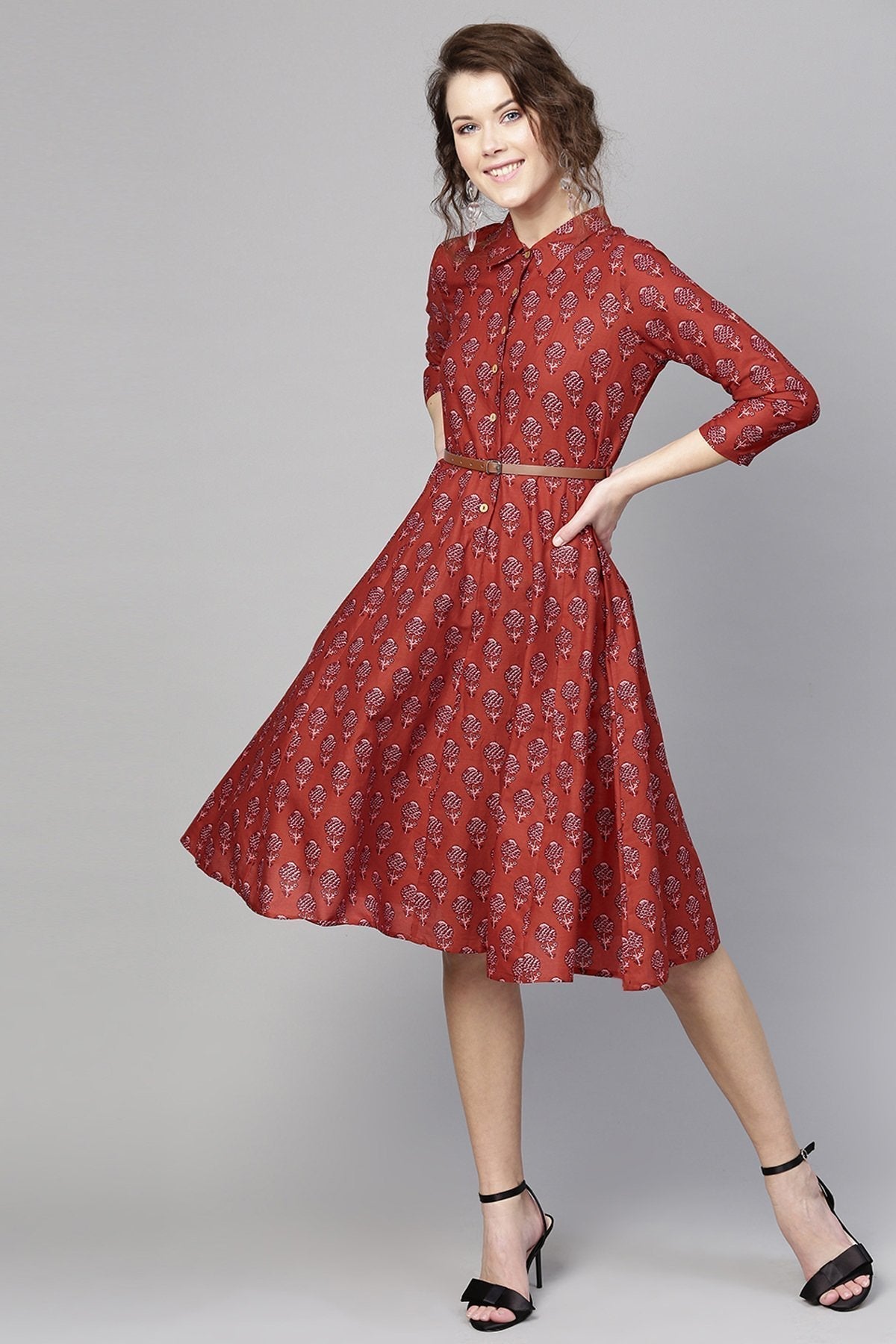 Women's Red Floral Belted Shirt Dress