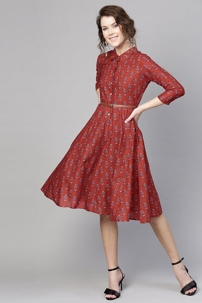 Women's Red Floral Belted Shirt Dress