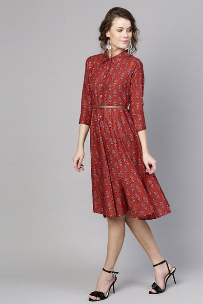 Women's Red Floral Belted Shirt Dress