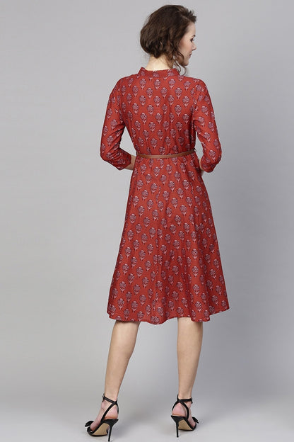 Women's Red Floral Belted Shirt Dress