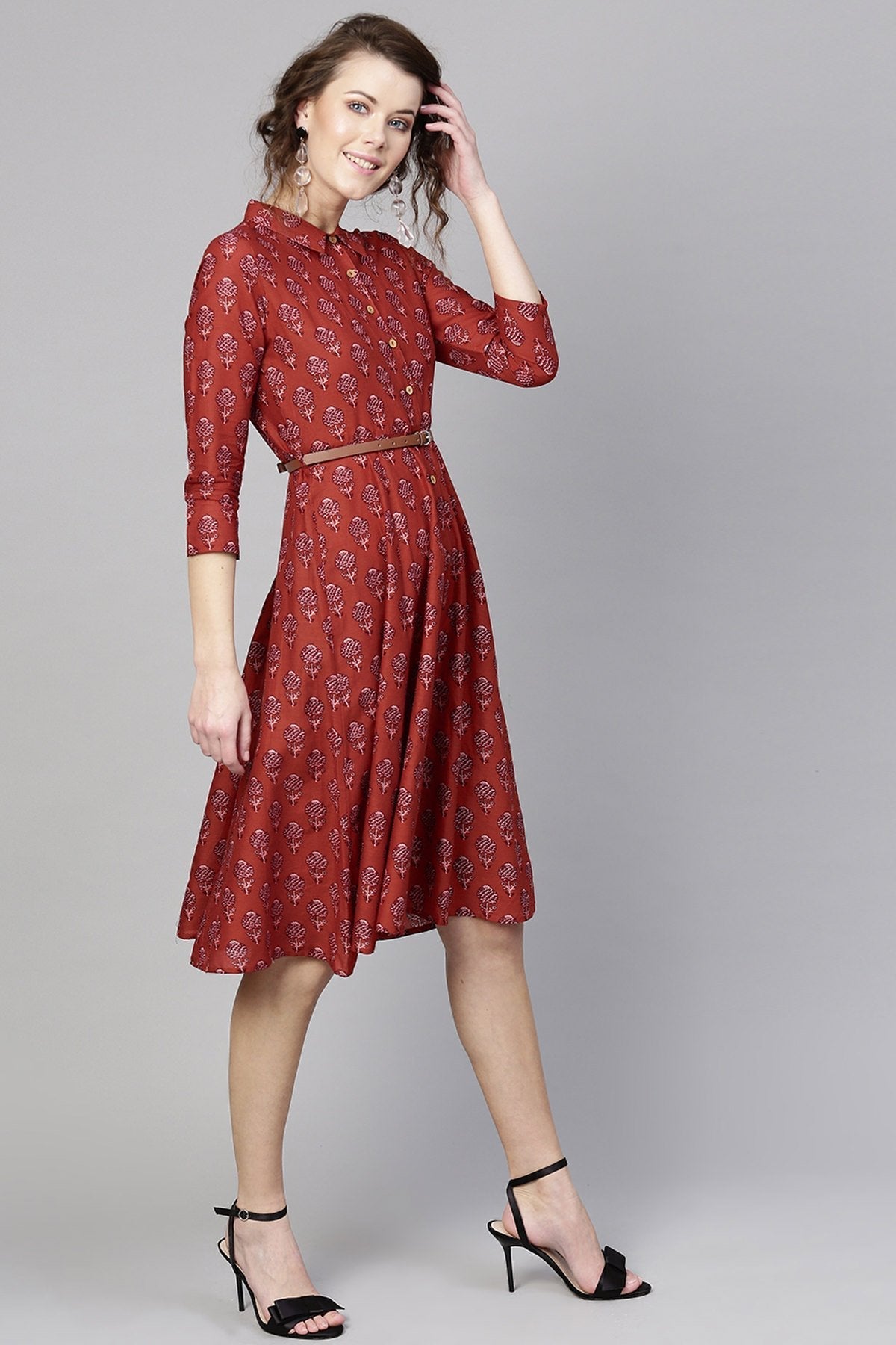 Women's Red Floral Belted Shirt Dress