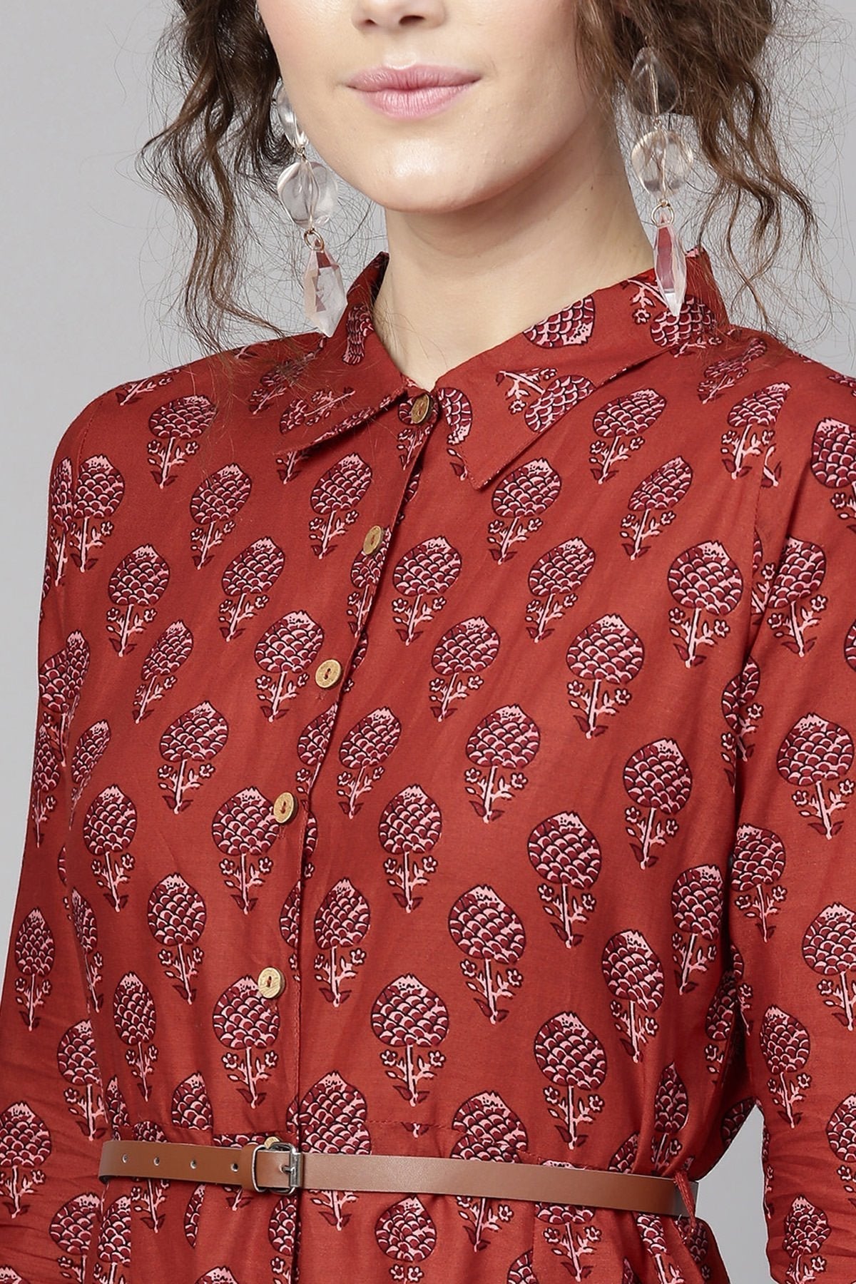 Women's Red Floral Belted Shirt Dress