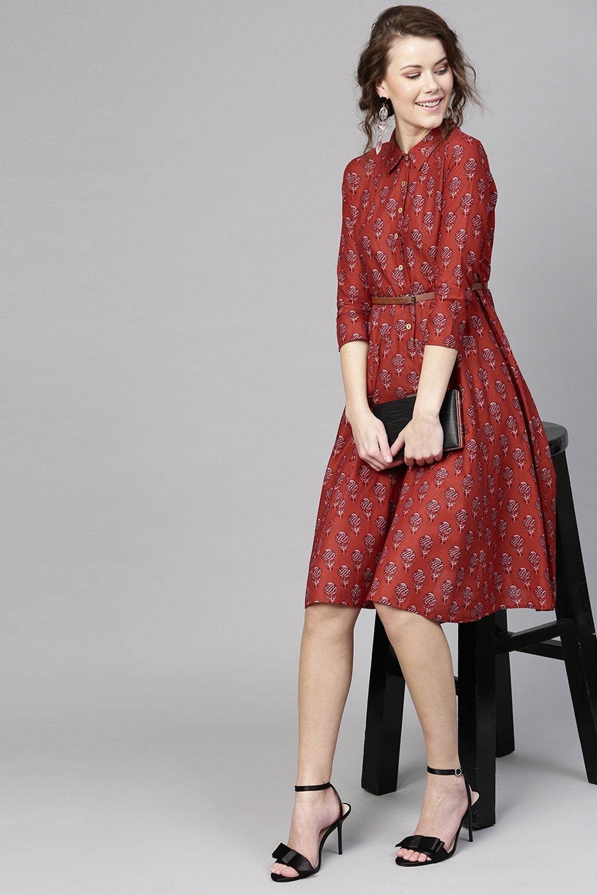 Women's Red Floral Belted Shirt Dress