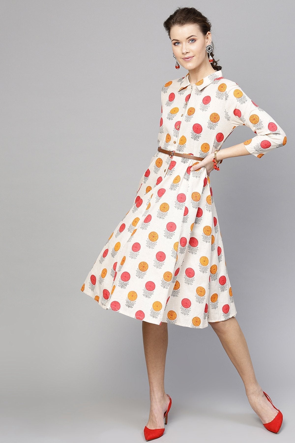Women's Off White Floral Belted Shirt Dress