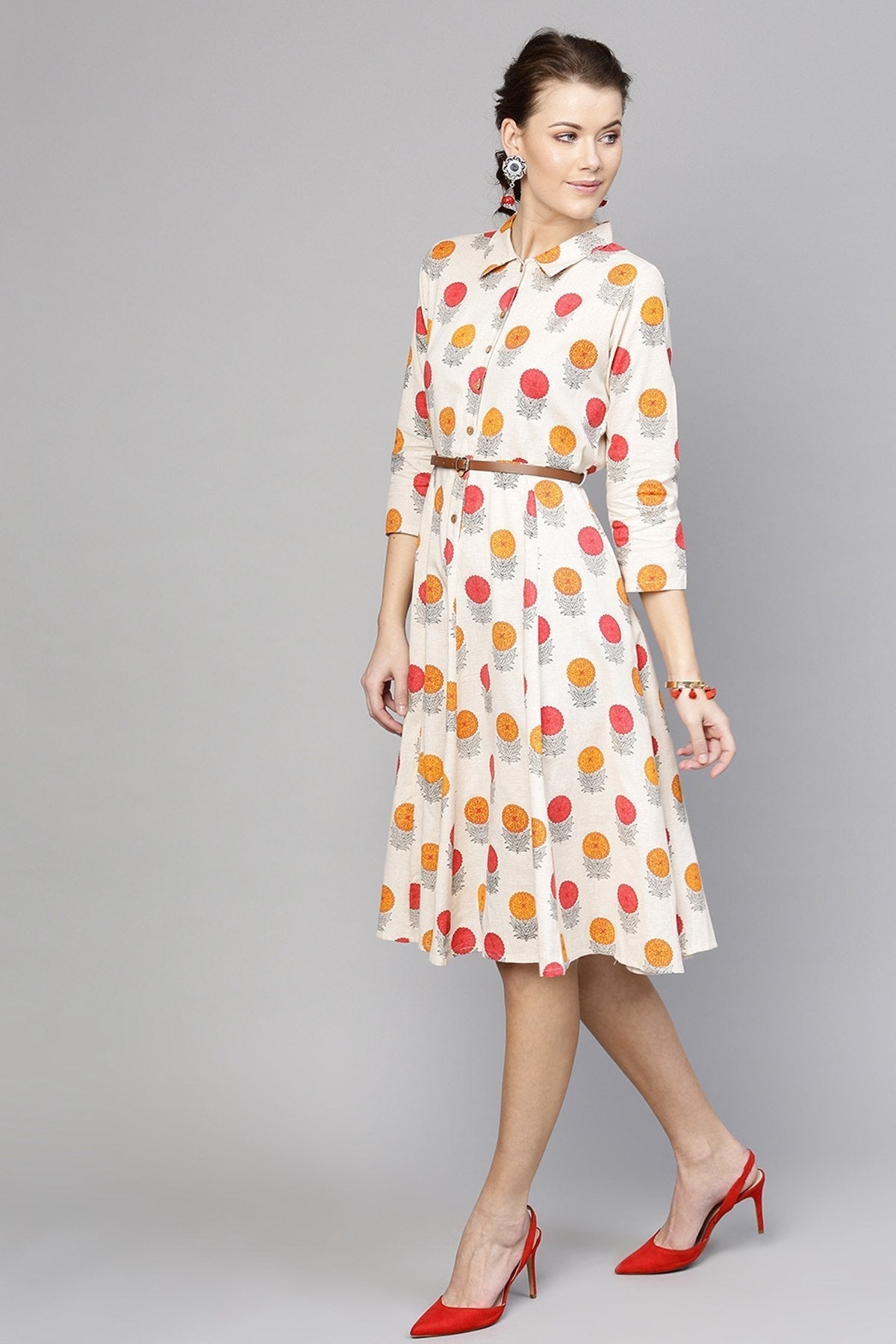 Women's Off White Floral Belted Shirt Dress