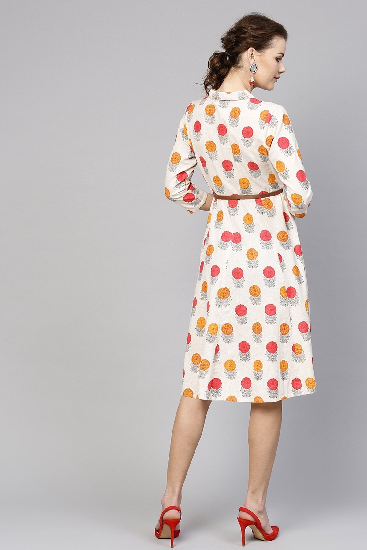 Women's Off White Floral Belted Shirt Dress