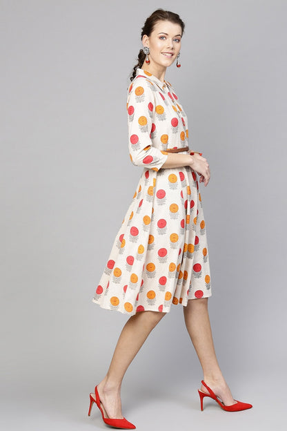 Women's Off White Floral Belted Shirt Dress