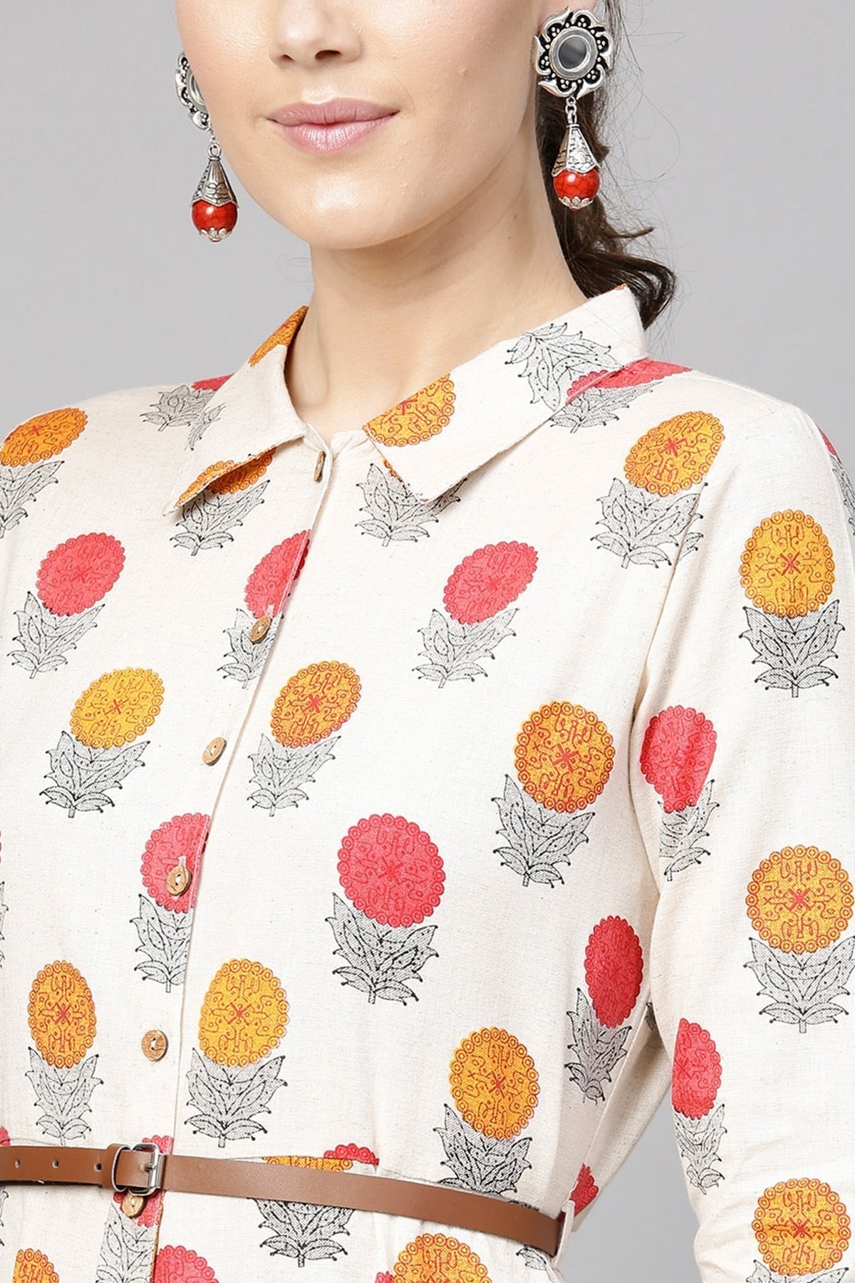 Women's Off White Floral Belted Shirt Dress