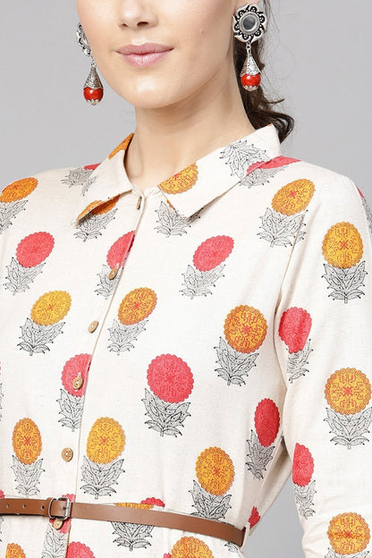 Women's Off White Floral Belted Shirt Dress