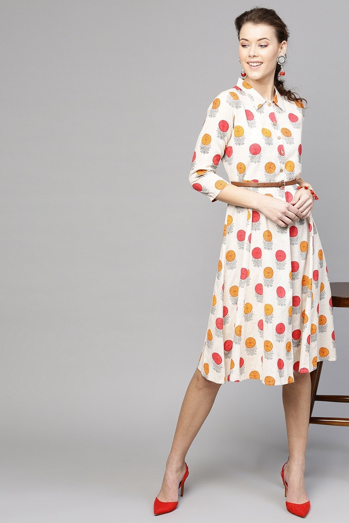Women's Off White Floral Belted Shirt Dress