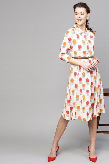 Women's Off White Floral Belted Shirt Dress