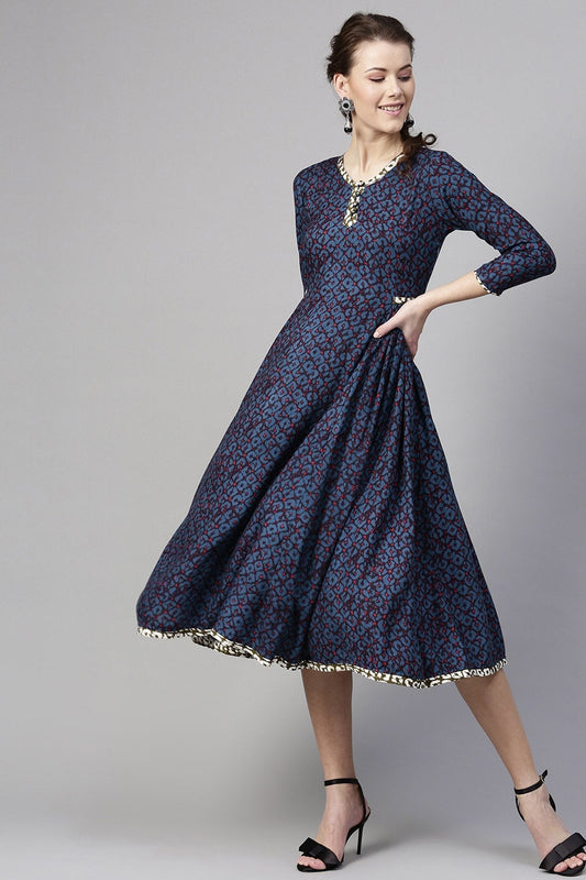 Women's Navy Geo Print Side Gathered Dress