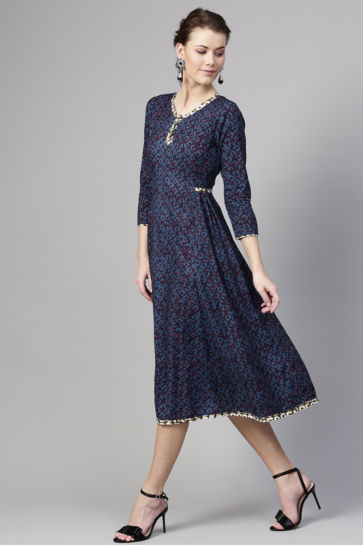 Women's Navy Geo Print Side Gathered Dress