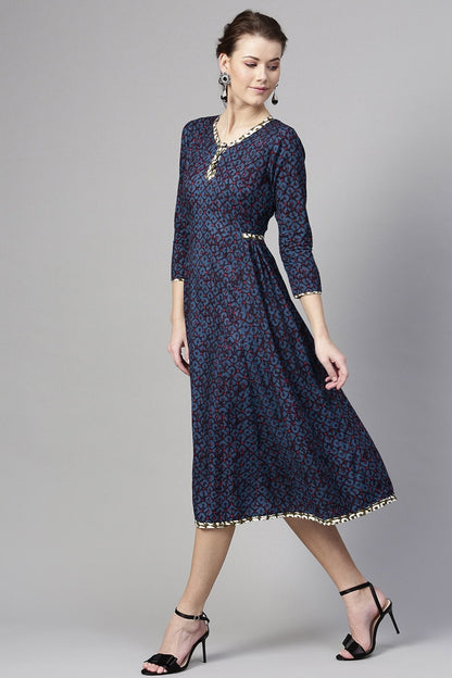 Women's Navy Geo Print Side Gathered Dress