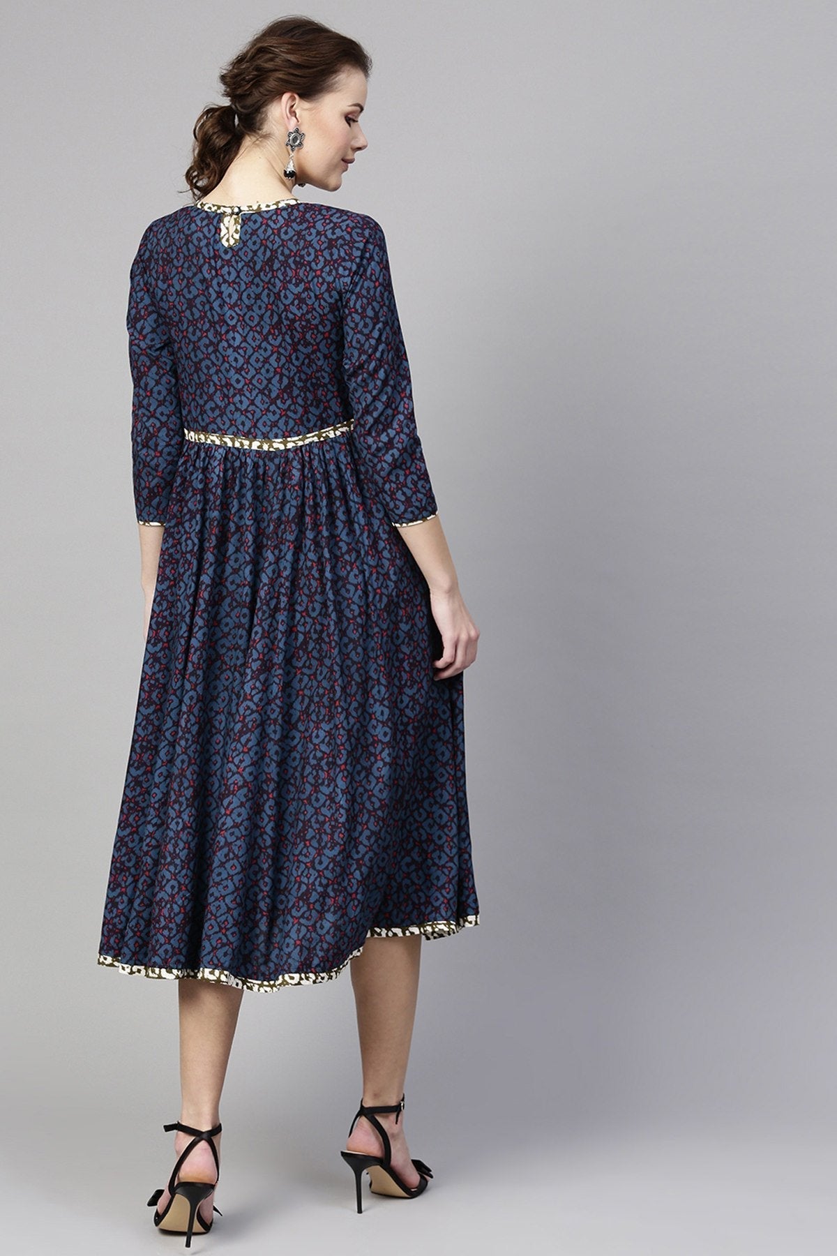 Women's Navy Geo Print Side Gathered Dress