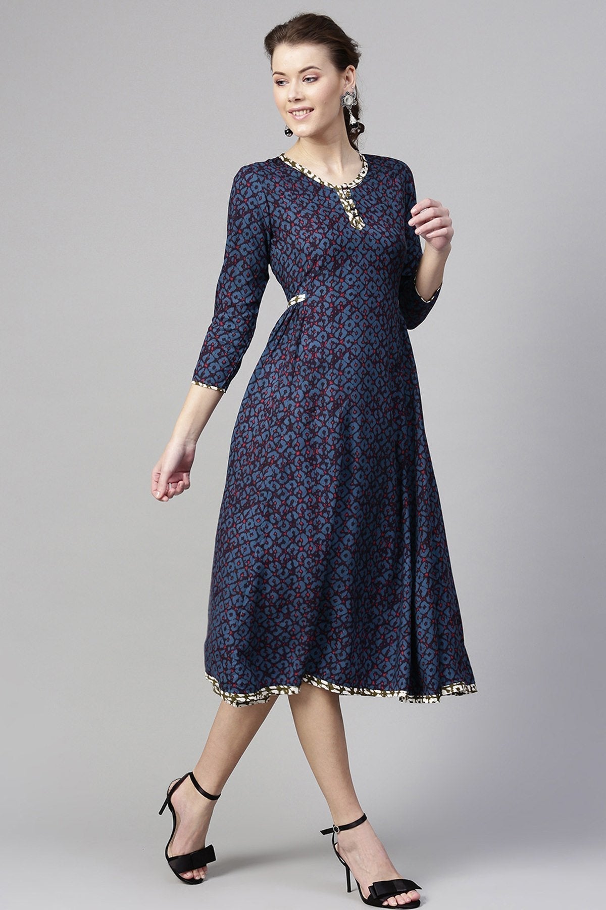 Women's Navy Geo Print Side Gathered Dress