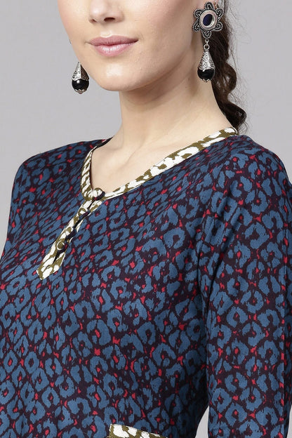 Women's Navy Geo Print Side Gathered Dress