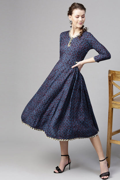 Women's Navy Geo Print Side Gathered Dress