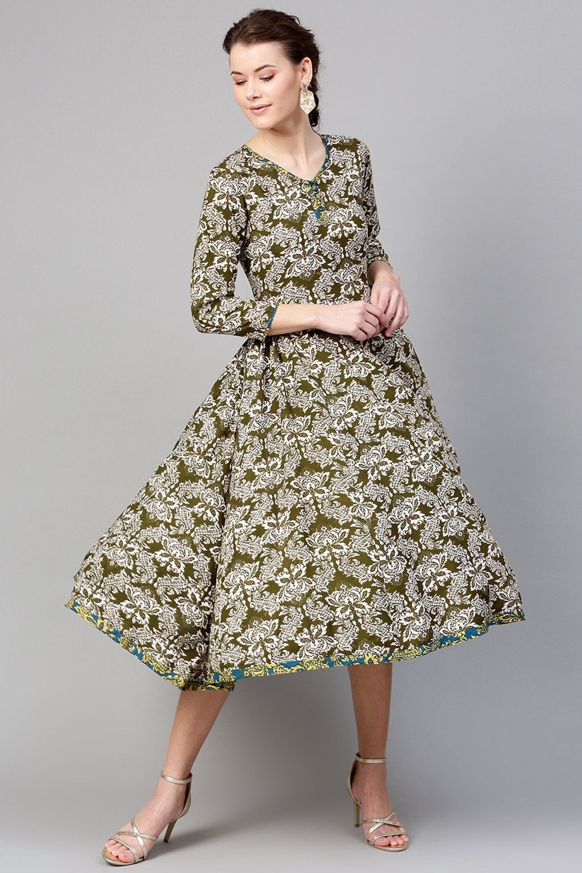Women's Olive Floral Side Gathered Dress