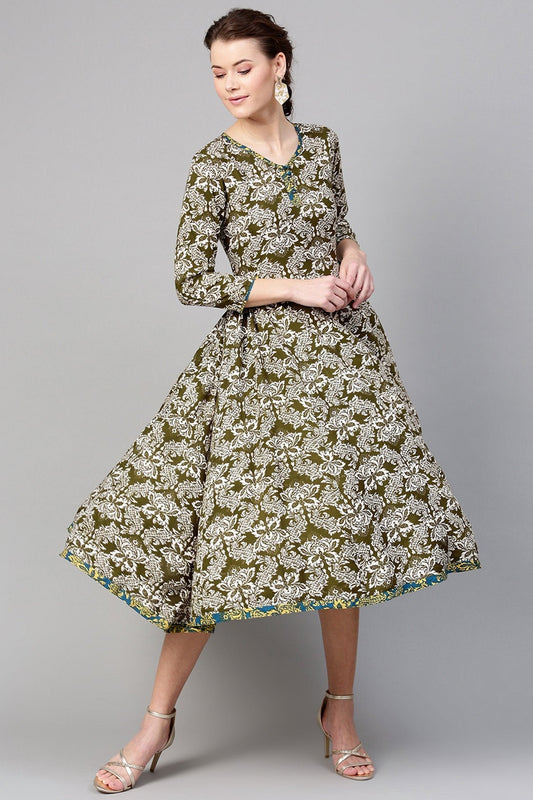Women's Olive Floral Side Gathered Dress