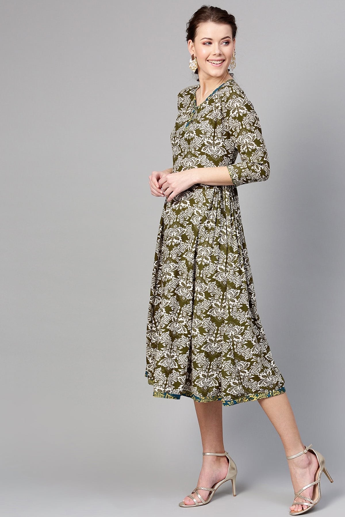 Women's Olive Floral Side Gathered Dress