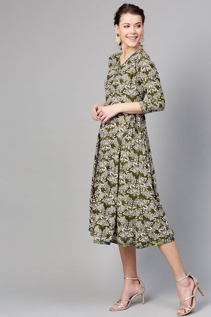 Women's Olive Floral Side Gathered Dress