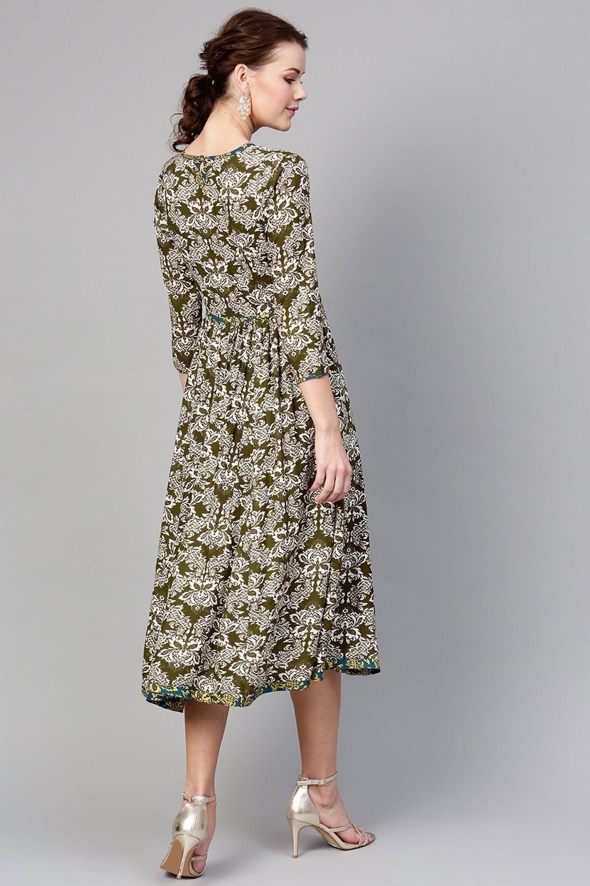 Women's Olive Floral Side Gathered Dress