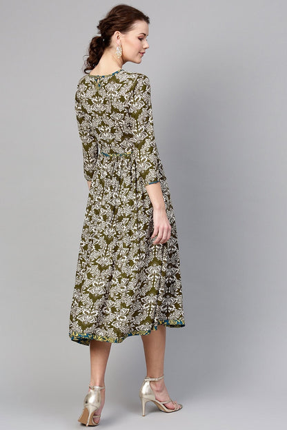Women's Olive Floral Side Gathered Dress