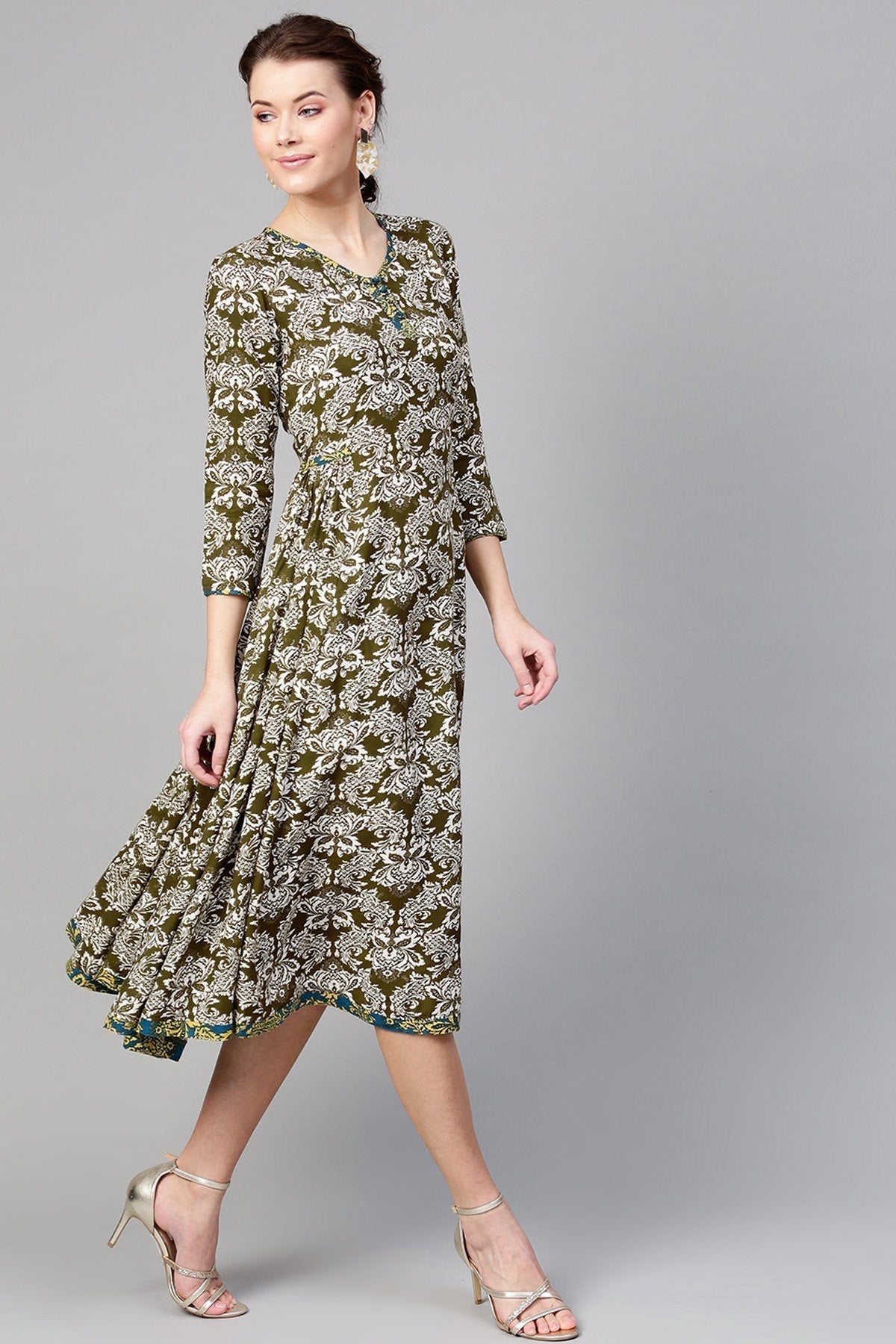 Women's Olive Floral Side Gathered Dress
