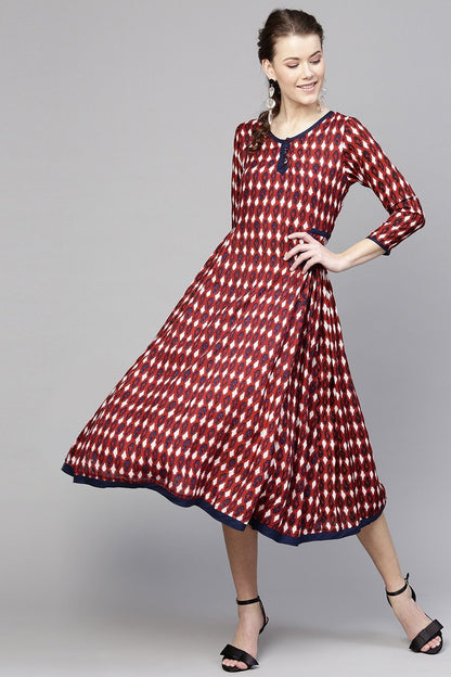 Women's Maroon Ikat Side Gathered Dress