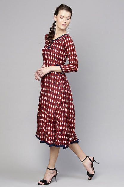 Women's Maroon Ikat Side Gathered Dress