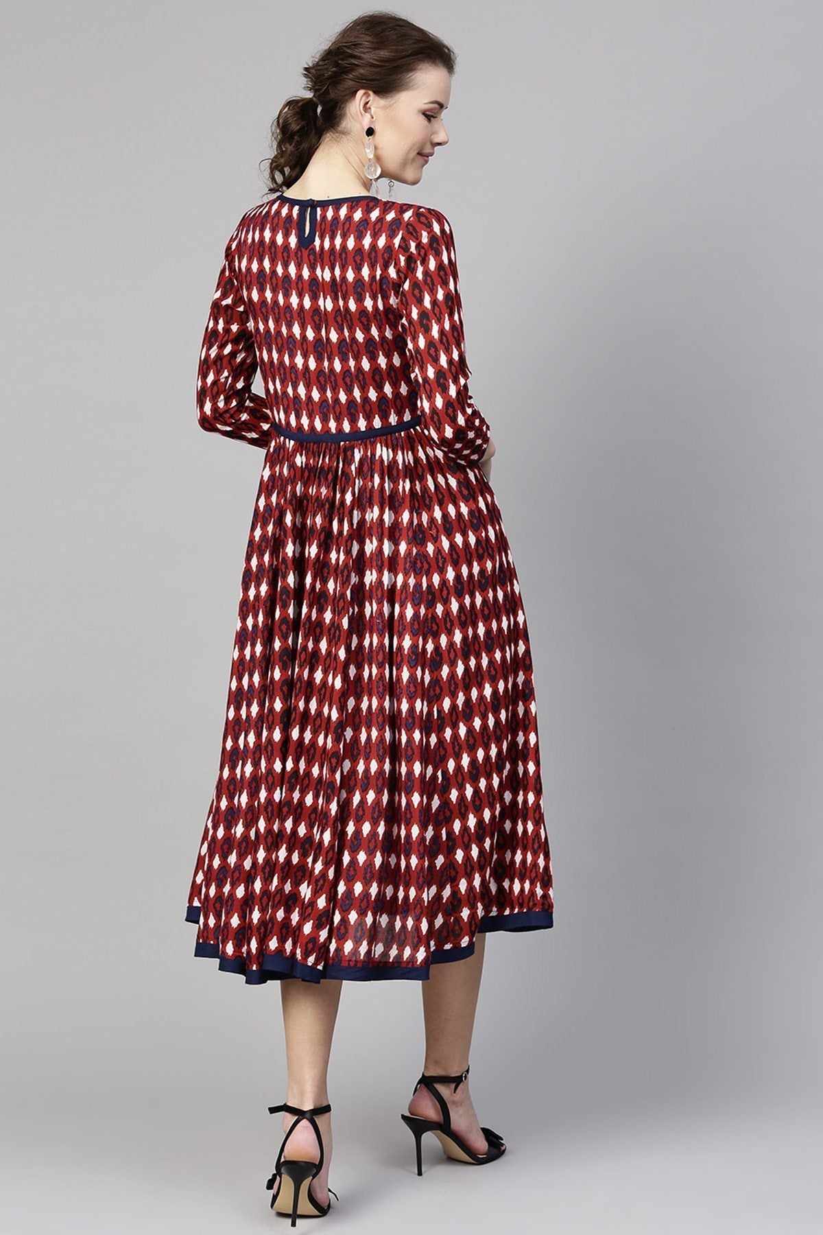 Women's Maroon Ikat Side Gathered Dress