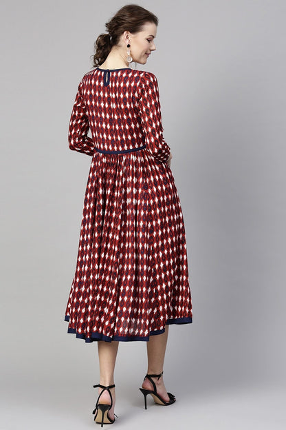 Women's Maroon Ikat Side Gathered Dress