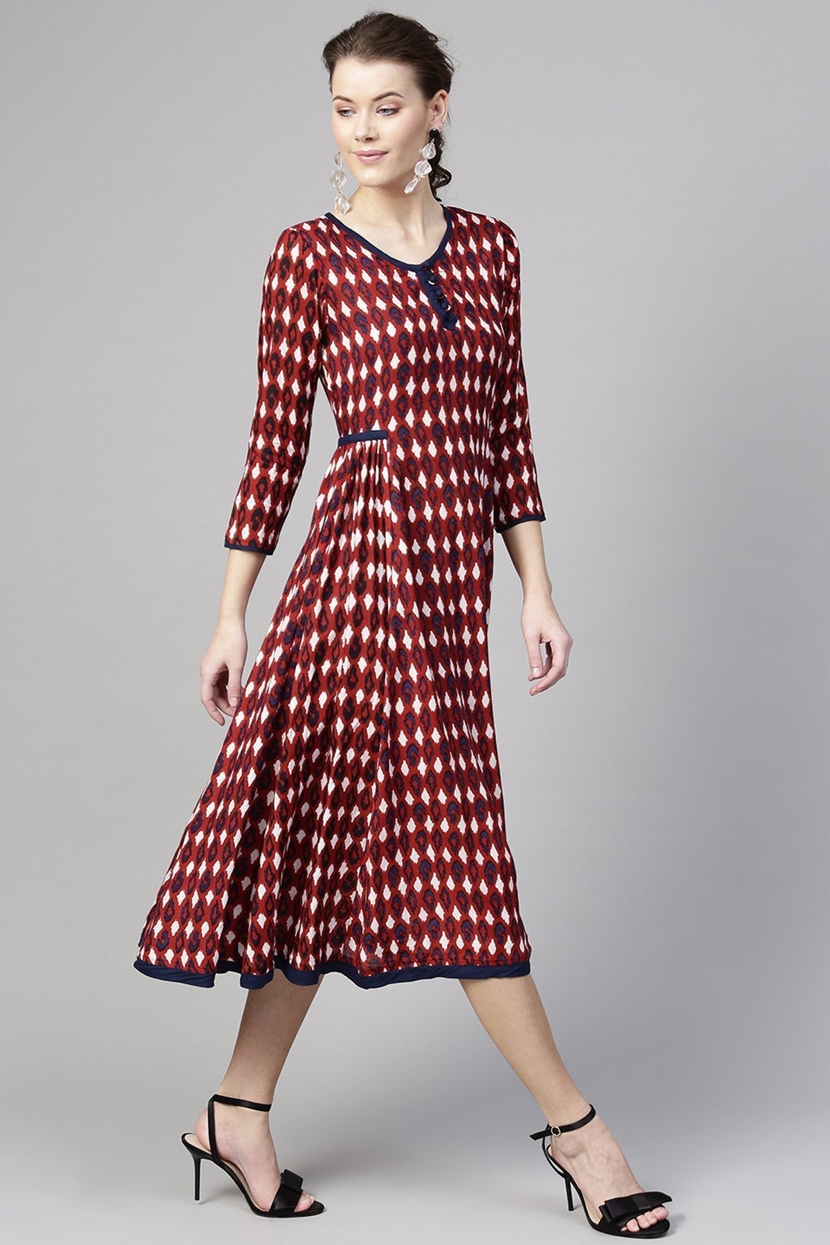 Women's Maroon Ikat Side Gathered Dress