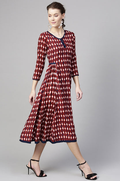 Women's Maroon Ikat Side Gathered Dress