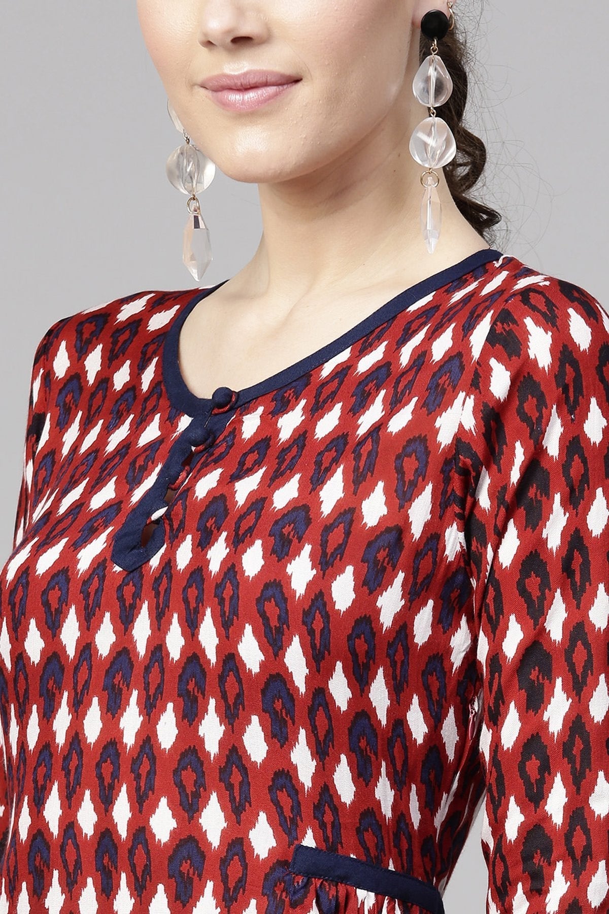 Women's Maroon Ikat Side Gathered Dress