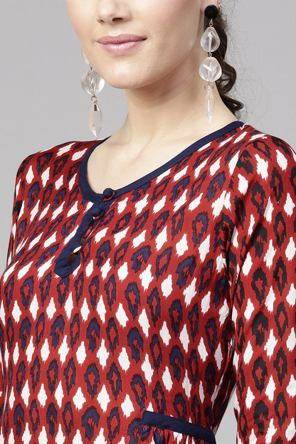 Women's Maroon Ikat Side Gathered Dress