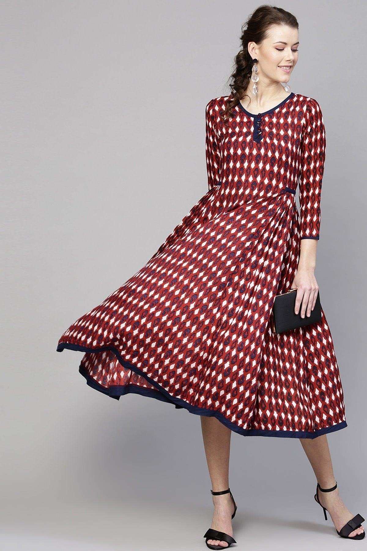 Women's Maroon Ikat Side Gathered Dress