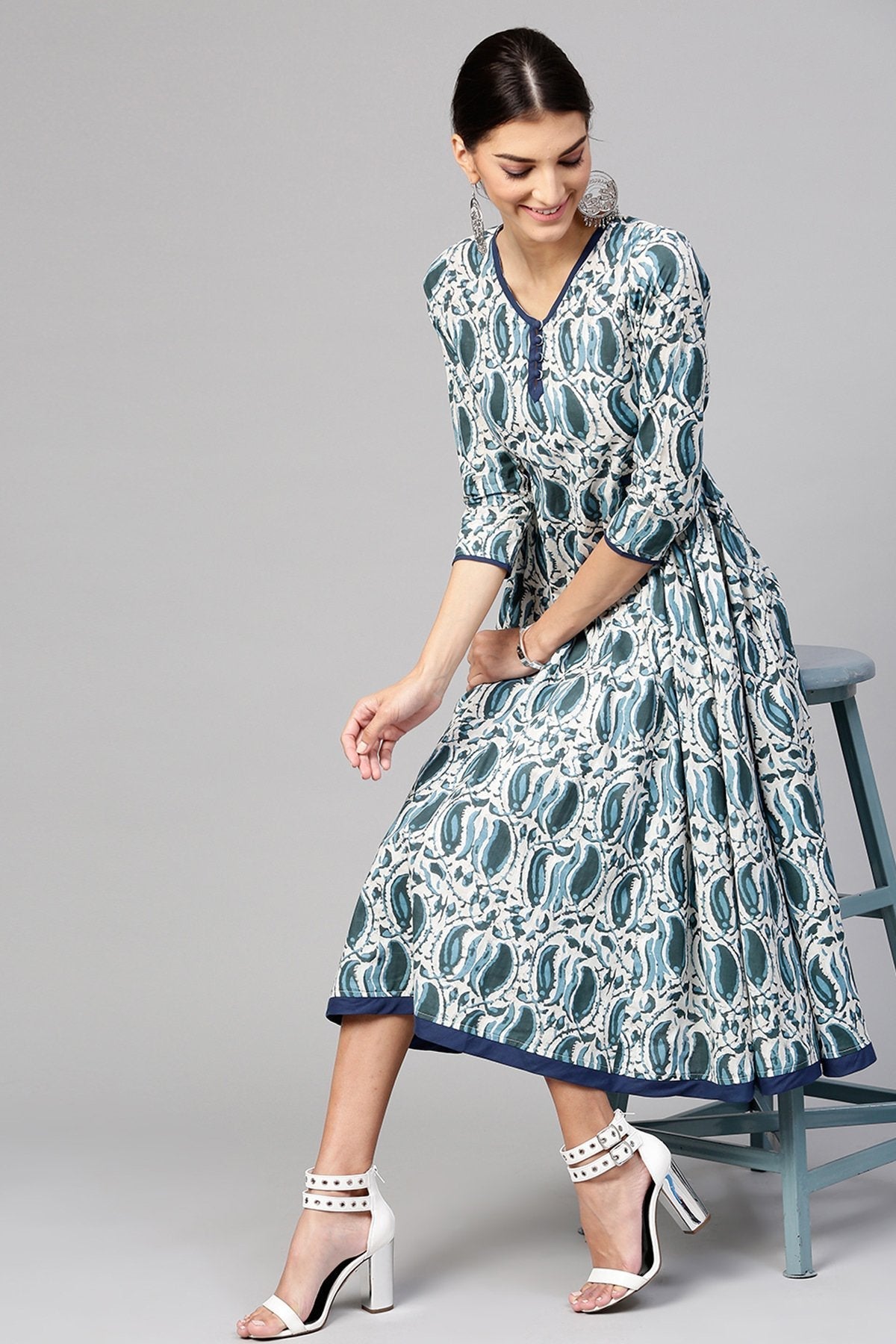 Women's Indigo Paisley Side Gathered Dress