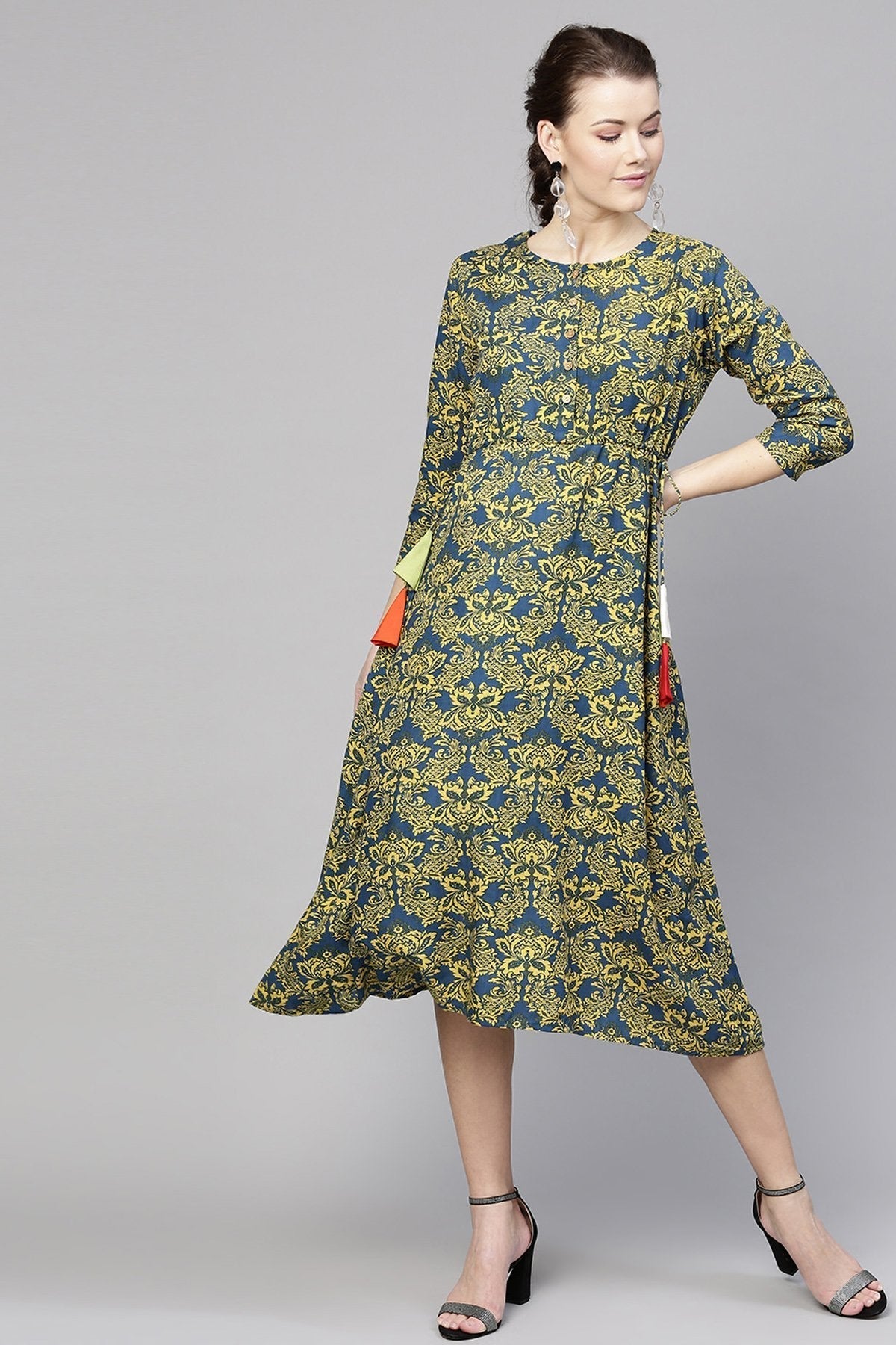 Women's Navy Yellow Floral Side Tie Dress