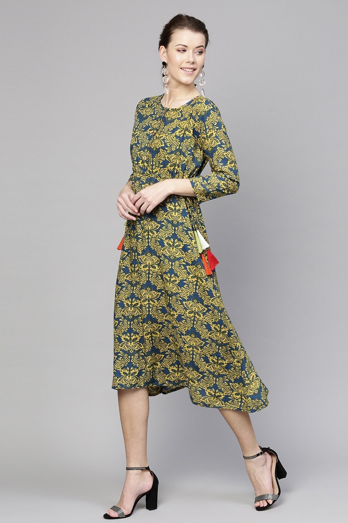 Women's Navy Yellow Floral Side Tie Dress