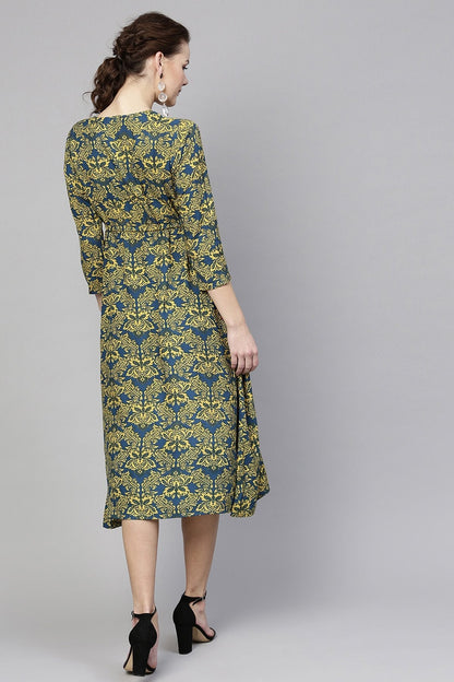Women's Navy Yellow Floral Side Tie Dress