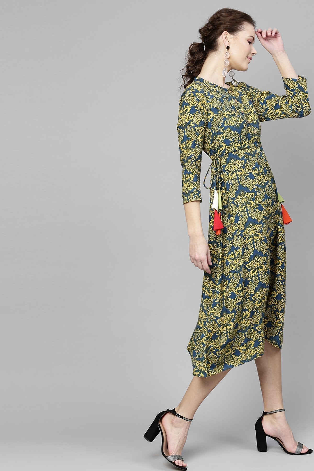 Women's Navy Yellow Floral Side Tie Dress