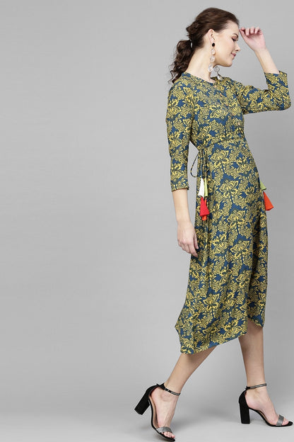 Women's Navy Yellow Floral Side Tie Dress