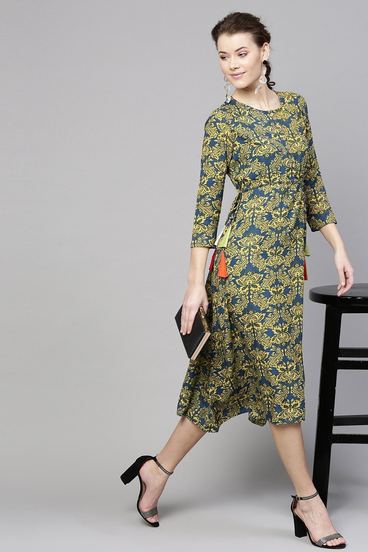 Women's Navy Yellow Floral Side Tie Dress