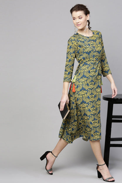 Women's Navy Yellow Floral Side Tie Dress