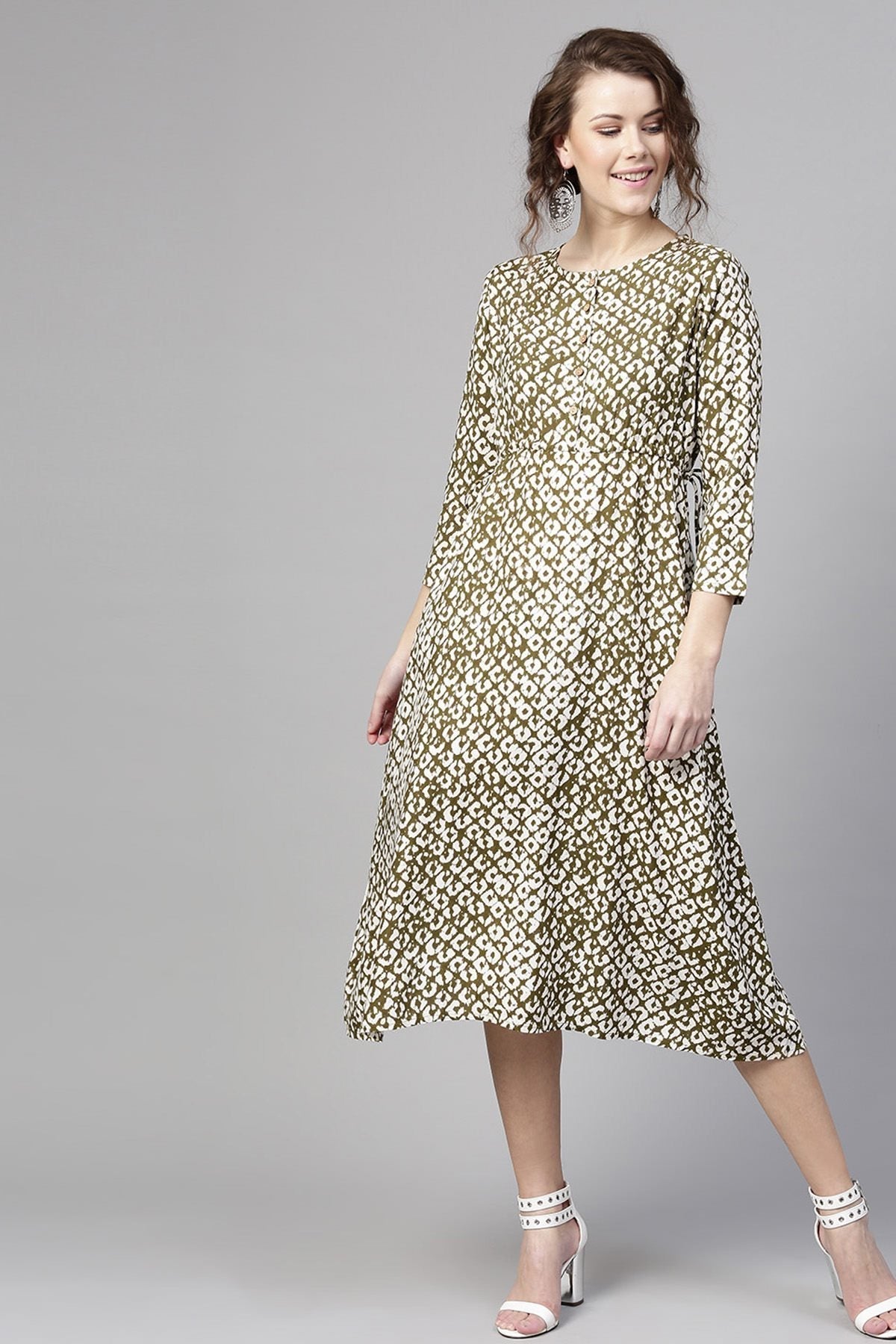 Women's Olive Geo Print Side Tie Dress